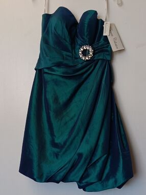 Vintage Strapless Teal  Satin Cocktail Dress with Rhinestone Accent